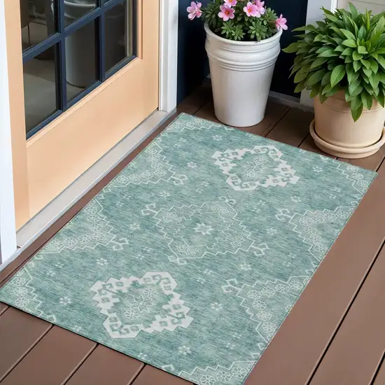 Aqua Teal Blue And Ivory Medallion Washable Indoor Outdoor Area Rug Photo 1