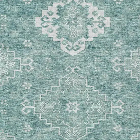 Aqua Teal Blue And Ivory Medallion Washable Indoor Outdoor Area Rug Photo 6