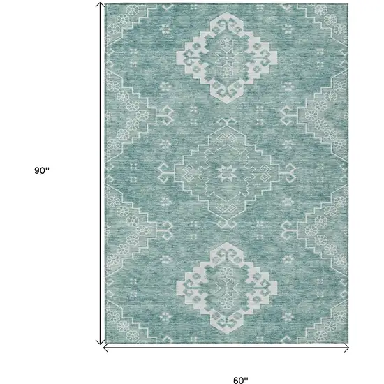 Aqua Teal Blue And Ivory Medallion Washable Indoor Outdoor Area Rug Photo 3