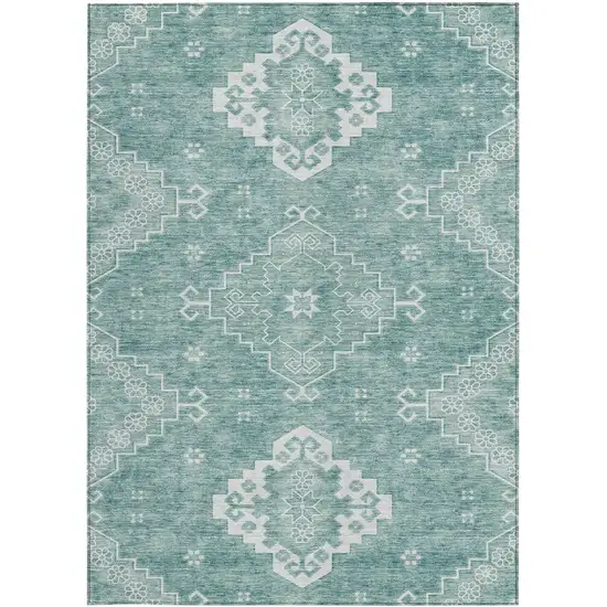 Aqua Teal Blue And Ivory Medallion Washable Indoor Outdoor Area Rug Photo 7