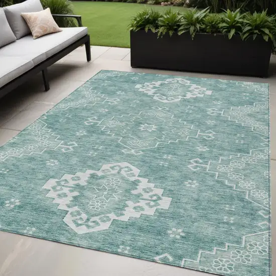 Aqua Teal Blue And Ivory Medallion Washable Indoor Outdoor Area Rug Photo 1