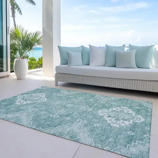 Aqua Teal Blue And Ivory Medallion Washable Indoor Outdoor Area Rug Photo 8