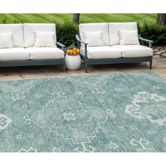 Aqua Teal Blue And Ivory Medallion Washable Indoor Outdoor Area Rug Photo 1