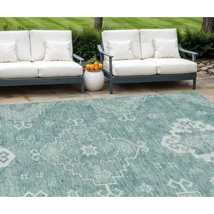 Photo of Aqua Teal Blue And Ivory Medallion Washable Indoor Outdoor Area Rug