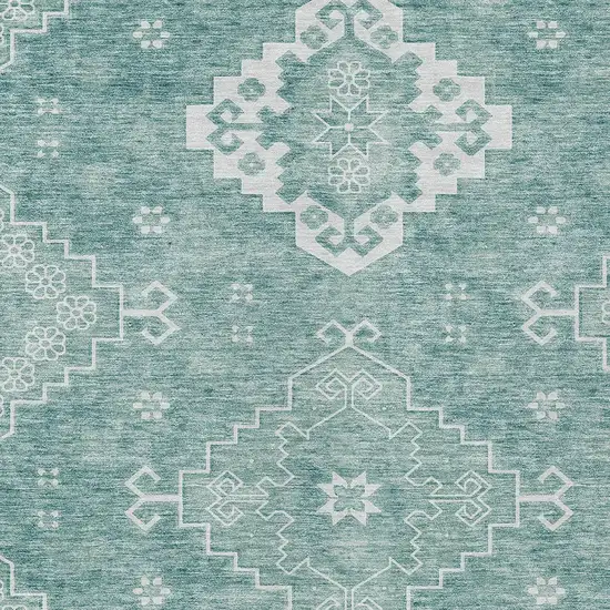 Aqua Teal Blue And Ivory Medallion Washable Indoor Outdoor Area Rug Photo 6