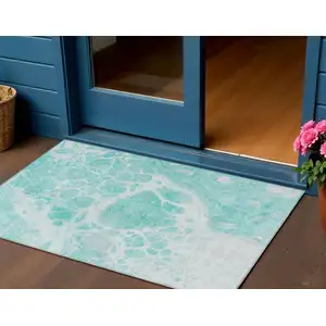 Photo of Aqua Teal Blue And Ivory Nautical Washable Indoor Outdoor Area Rug