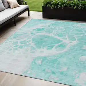 Photo of Aqua Teal Blue And Ivory Nautical Washable Indoor Outdoor Area Rug