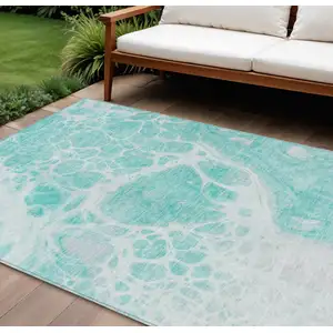 Photo of Aqua Teal Blue And Ivory Nautical Washable Indoor Outdoor Area Rug