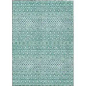 Photo of Aqua Teal Blue And Ivory Tribal Washable Indoor Outdoor Area Rug