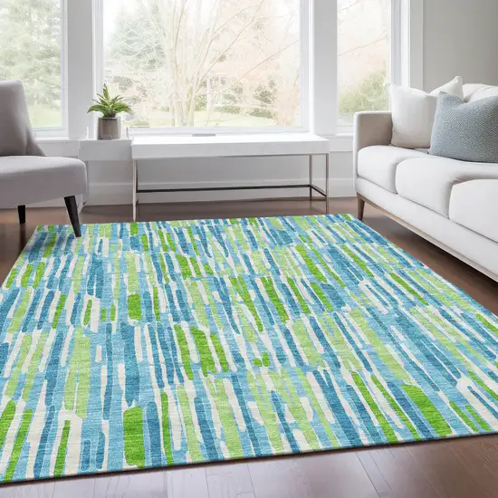 Aqua Teal Blue And Lime Green Abstract Washable Indoor Outdoor Area Rug Photo 8