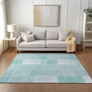 Photo of Aqua Teal Blue And Silver Patchwork Washable Indoor Outdoor Area Rug