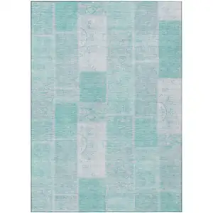 Photo of Aqua Teal Blue And Silver Patchwork Washable Indoor Outdoor Area Rug