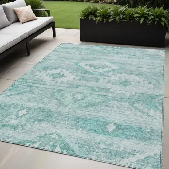 Aqua Turquoise And Ivory Southwestern Washable Indoor Outdoor Area Rug Photo 1