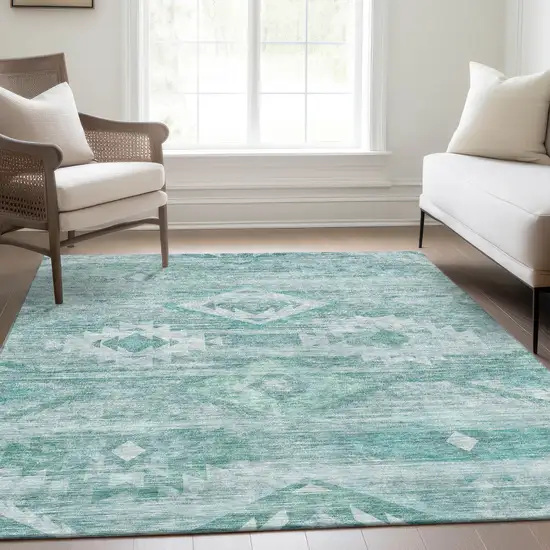 Aqua Turquoise And Ivory Southwestern Washable Indoor Outdoor Area Rug Photo 8