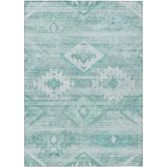 Aqua Turquoise And Ivory Southwestern Washable Indoor Outdoor Area Rug Photo 2