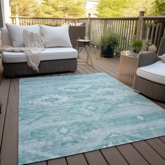 Aqua Turquoise And Ivory Southwestern Washable Indoor Outdoor Area Rug Photo 7