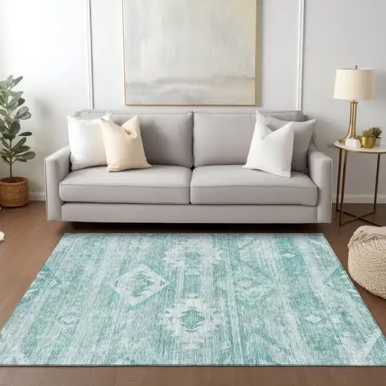 Aqua Turquoise And Ivory Southwestern Washable Indoor Outdoor Area Rug Photo 9