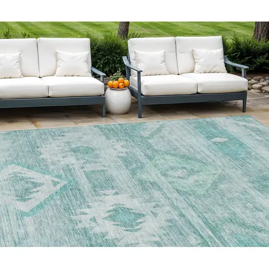 Aqua Turquoise And Ivory Southwestern Washable Indoor Outdoor Area Rug Photo 1