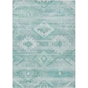 Photo of Aqua Turquoise And Ivory Southwestern Washable Indoor Outdoor Area Rug