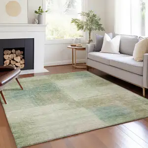 Photo of Artichoke Green And Beige Abstract Washable Indoor Outdoor Area Rug