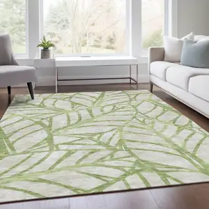 Photo of Artichoke Green And Beige Floral Washable Indoor Outdoor Area Rug