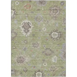 Photo of Artichoke Green And Beige Floral Washable Indoor Outdoor Area Rug