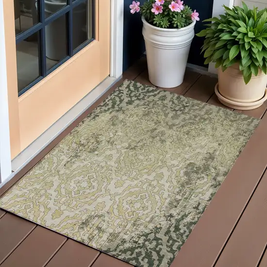 Artichoke Green And Beige Medallion Washable Indoor Outdoor Area Rug Photo 1