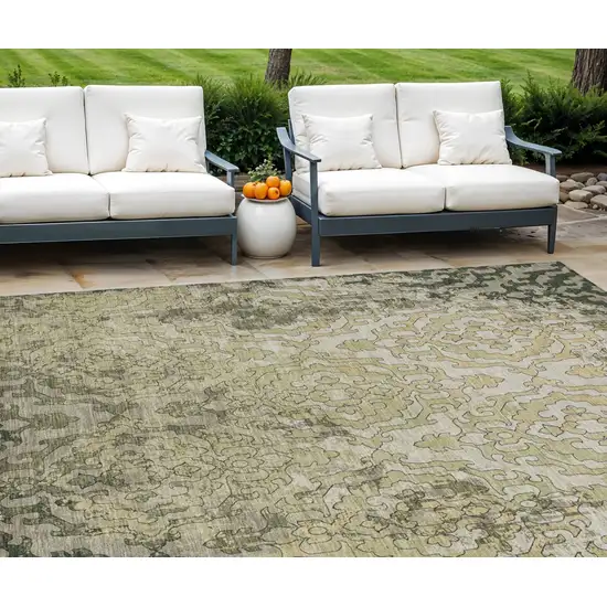 Artichoke Green And Beige Medallion Washable Indoor Outdoor Area Rug Photo 1