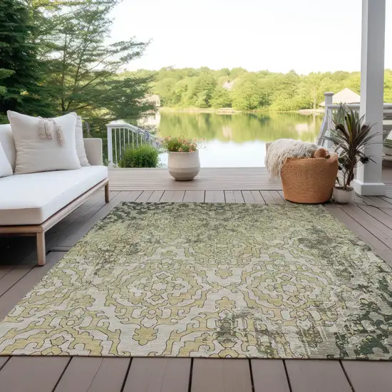 Artichoke Green And Beige Medallion Washable Indoor Outdoor Area Rug Photo 8