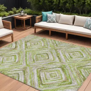 Photo of Artichoke Green And Brown Geometric Washable Indoor Outdoor Area Rug