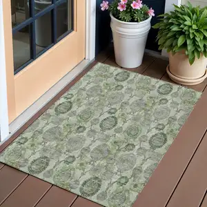 Photo of Artichoke Green And Fern Green Damask Washable Indoor Outdoor Area Rug