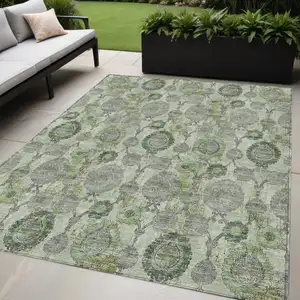 Photo of Artichoke Green And Fern Green Damask Washable Indoor Outdoor Area Rug