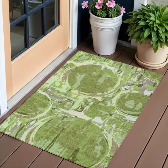 Artichoke Green And Fern Green Geometric Washable Indoor Outdoor Area Rug Photo 1