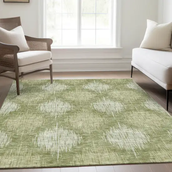 Artichoke Green And Fern Green Ikat Washable Indoor Outdoor Area Rug Photo 9