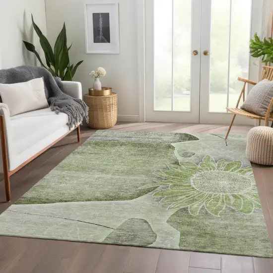 Artichoke Green And Gray Floral Washable Indoor Outdoor Area Rug Photo 8