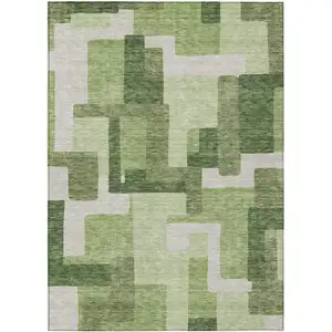 Photo of Artichoke Green And Ivory Abstract Washable Indoor Outdoor Area Rug