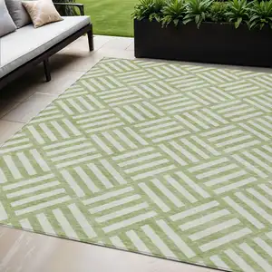 Photo of Artichoke Green And Ivory Geometric Washable Indoor Outdoor Area Rug