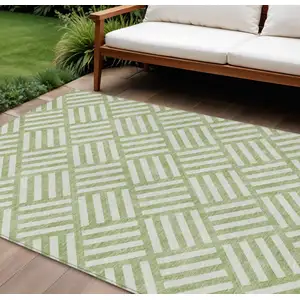 Photo of Artichoke Green And Ivory Geometric Washable Indoor Outdoor Area Rug