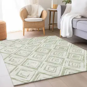 Photo of Artichoke Green And Ivory Geometric Washable Indoor Outdoor Area Rug