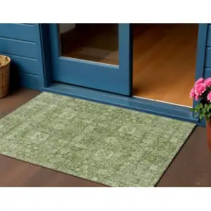 Photo of Artichoke Green And Ivory Oriental Washable Indoor Outdoor Area Rug