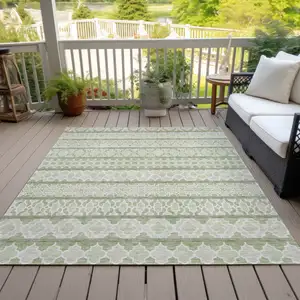 Photo of Artichoke Green And Ivory Quatrefoil Washable Indoor Outdoor Area Rug