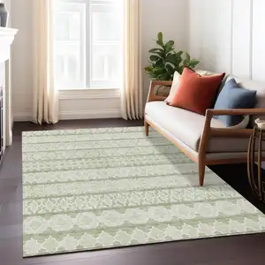 Photo of Artichoke Green And Ivory Quatrefoil Washable Indoor Outdoor Area Rug