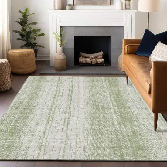 Artichoke Green And Ivory Striped Washable Indoor Outdoor Area Rug Photo 9