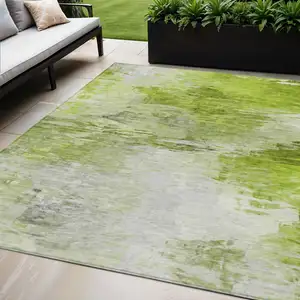 Photo of Artichoke Green And Lime Green Abstract Washable Indoor Outdoor Area Rug