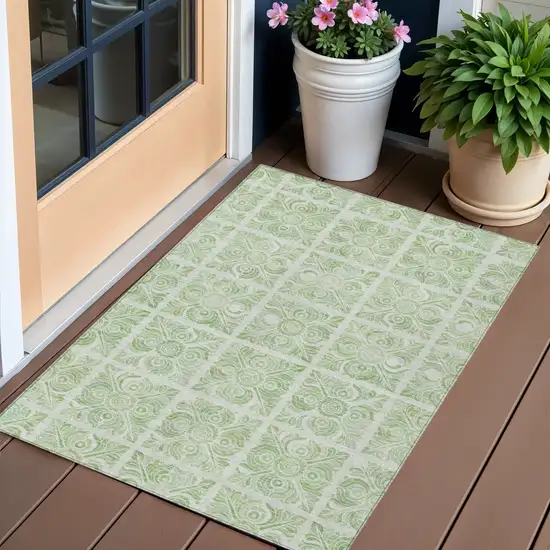 Artichoke Green And Mint Green Medallion Washable Indoor Outdoor Area Rug Photo 1