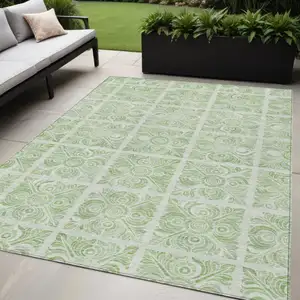 Photo of Artichoke Green And Mint Green Medallion Washable Indoor Outdoor Area Rug