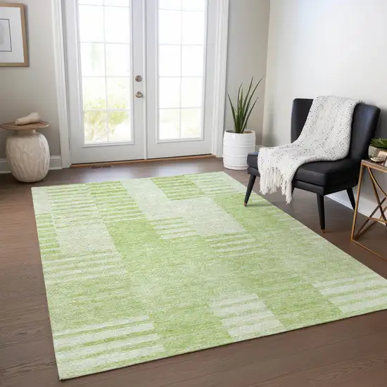 Artichoke Green And Mint Green Striped Washable Indoor Outdoor Area Rug Photo 8