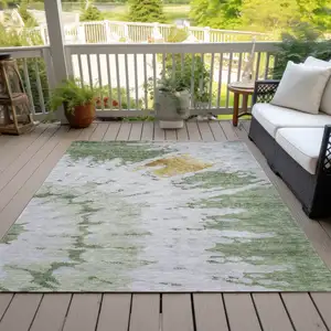 Photo of Artichoke Green And Olive Green Abstract Washable Indoor Outdoor Area Rug