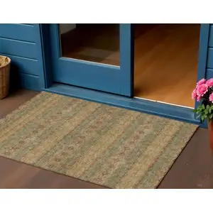 Photo of Artichoke Green And Olive Green Floral Medallion Washable Indoor Outdoor Area Rug