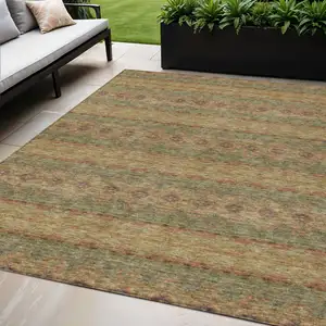 Photo of Artichoke Green And Olive Green Floral Medallion Washable Indoor Outdoor Area Rug